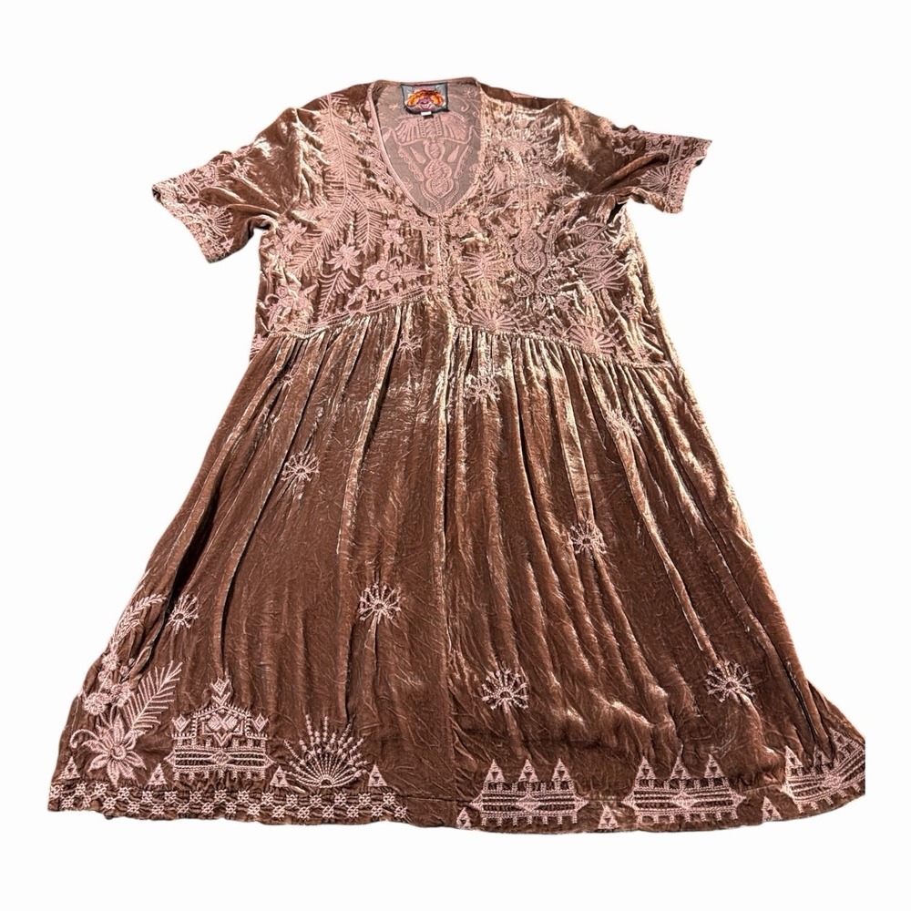 Johnny Was Dress Small Silk Blend Velvet Embroidered Babydoll Taupe Boho V Neck